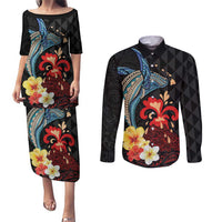 Hawaiian Whale and Volcanic Eruption Couples Matching Puletasi and Long Sleeve Button Shirt Hibiscus and Kakau Pattern