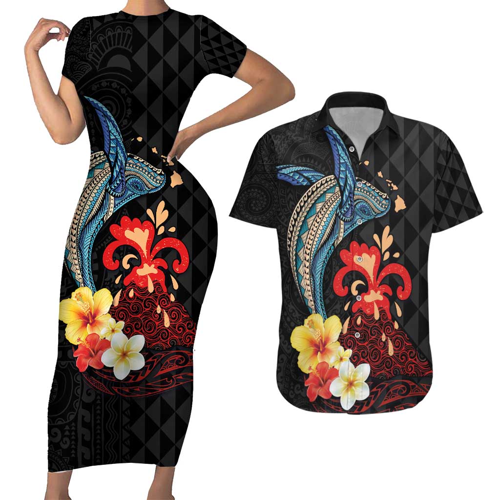 Hawaiian Whale and Volcanic Eruption Couples Matching Short Sleeve Bodycon Dress and Hawaiian Shirt Hibiscus and Kakau Pattern LT03 Black - Polynesian Pride