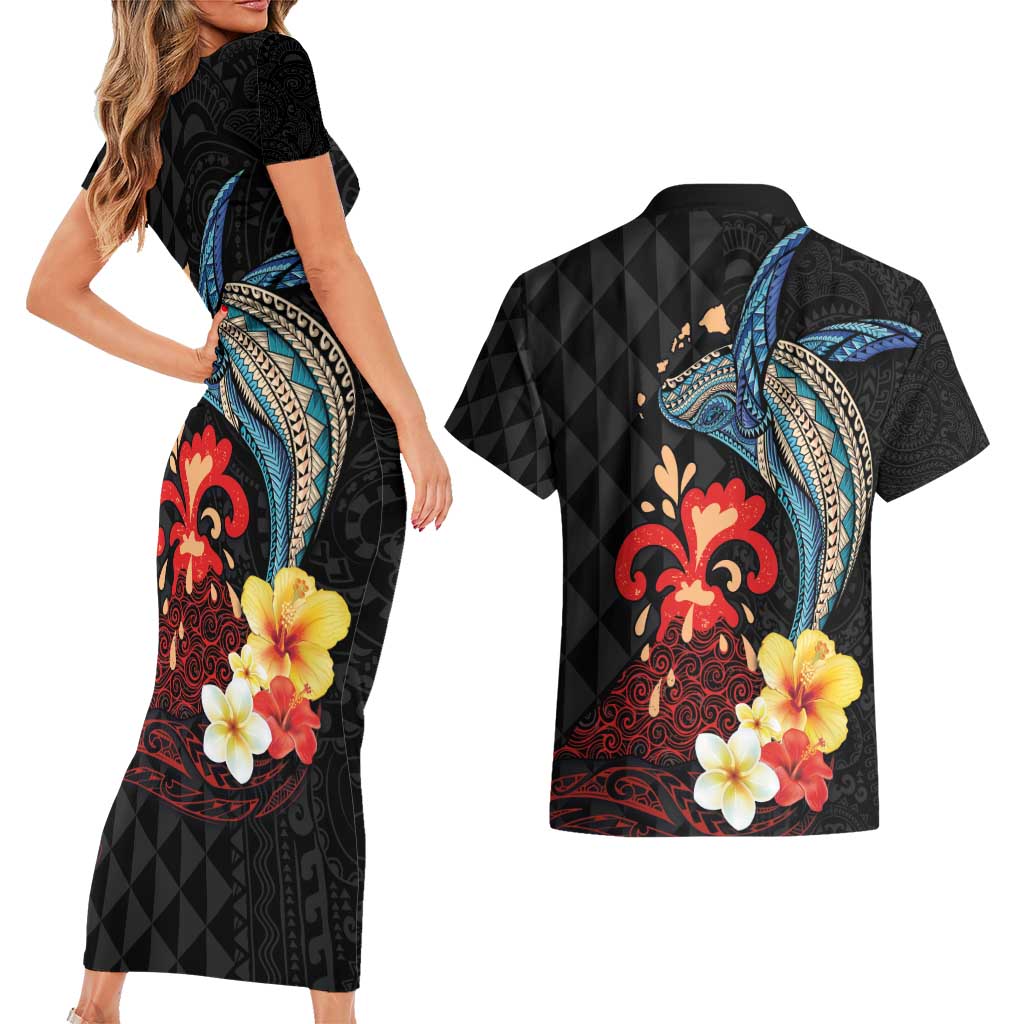 Hawaiian Whale and Volcanic Eruption Couples Matching Short Sleeve Bodycon Dress and Hawaiian Shirt Hibiscus and Kakau Pattern LT03 - Polynesian Pride