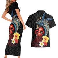 Hawaiian Whale and Volcanic Eruption Couples Matching Short Sleeve Bodycon Dress and Hawaiian Shirt Hibiscus and Kakau Pattern LT03 - Polynesian Pride