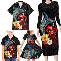 Hawaiian Whale and Volcanic Eruption Family Matching Long Sleeve Bodycon Dress and Hawaiian Shirt Hibiscus and Kakau Pattern LT03 - Polynesian Pride