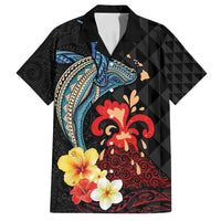 Hawaiian Whale and Volcanic Eruption Family Matching Long Sleeve Bodycon Dress and Hawaiian Shirt Hibiscus and Kakau Pattern LT03 Dad's Shirt - Short Sleeve Black - Polynesian Pride