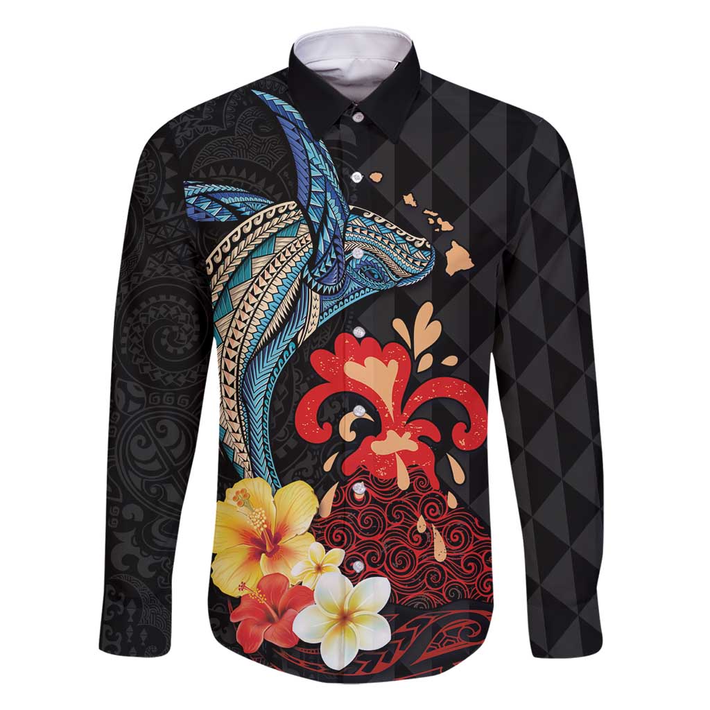 Hawaiian Whale and Volcanic Eruption Family Matching Long Sleeve Bodycon Dress and Hawaiian Shirt Hibiscus and Kakau Pattern LT03 Dad's Shirt - Long Sleeve Black - Polynesian Pride