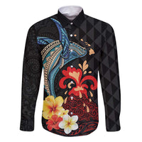 Hawaiian Whale and Volcanic Eruption Family Matching Long Sleeve Bodycon Dress and Hawaiian Shirt Hibiscus and Kakau Pattern LT03 Dad's Shirt - Long Sleeve Black - Polynesian Pride