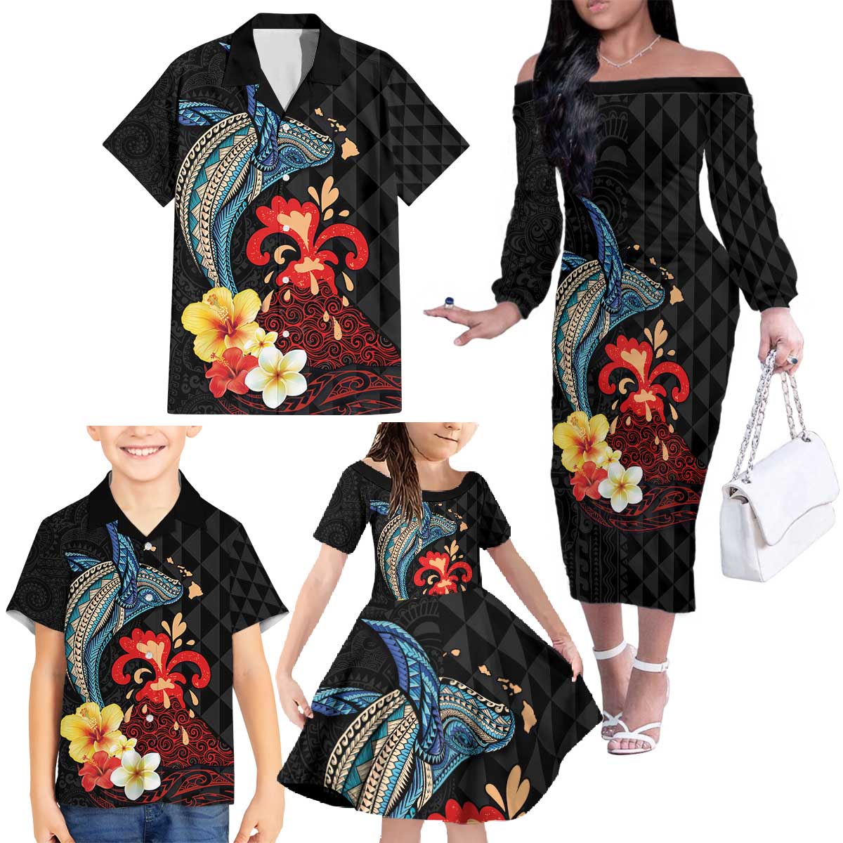 Hawaiian Whale and Volcanic Eruption Family Matching Off The Shoulder Long Sleeve Dress and Hawaiian Shirt Hibiscus and Kakau Pattern LT03 - Polynesian Pride