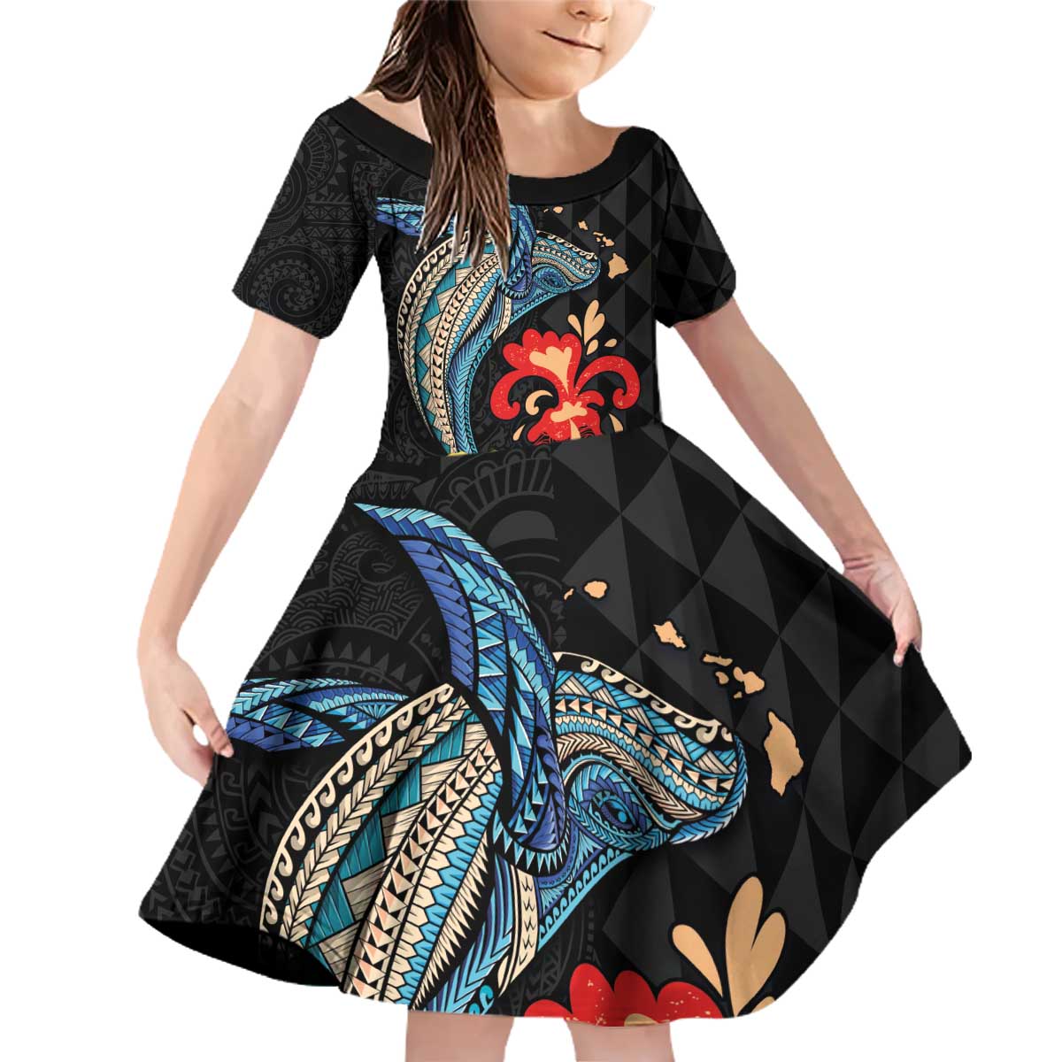 Hawaiian Whale and Volcanic Eruption Family Matching Off Shoulder Short Dress and Hawaiian Shirt Hibiscus and Kakau Pattern LT03 Daughter's Dress Black - Polynesian Pride