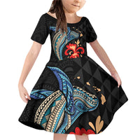 Hawaiian Whale and Volcanic Eruption Family Matching Off Shoulder Short Dress and Hawaiian Shirt Hibiscus and Kakau Pattern LT03 Daughter's Dress Black - Polynesian Pride