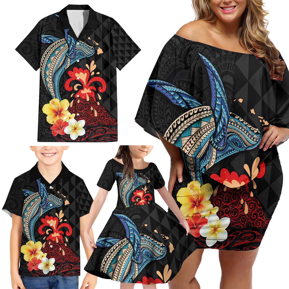 Hawaiian Whale and Volcanic Eruption Family Matching Off Shoulder Short Dress and Hawaiian Shirt Hibiscus and Kakau Pattern LT03 - Polynesian Pride