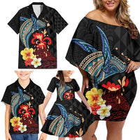 Hawaiian Whale and Volcanic Eruption Family Matching Off Shoulder Short Dress and Hawaiian Shirt Hibiscus and Kakau Pattern LT03 - Polynesian Pride