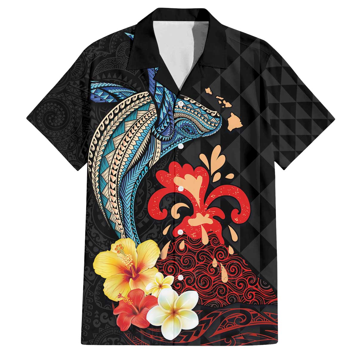 Hawaiian Whale and Volcanic Eruption Family Matching Off Shoulder Short Dress and Hawaiian Shirt Hibiscus and Kakau Pattern LT03 Dad's Shirt - Short Sleeve Black - Polynesian Pride