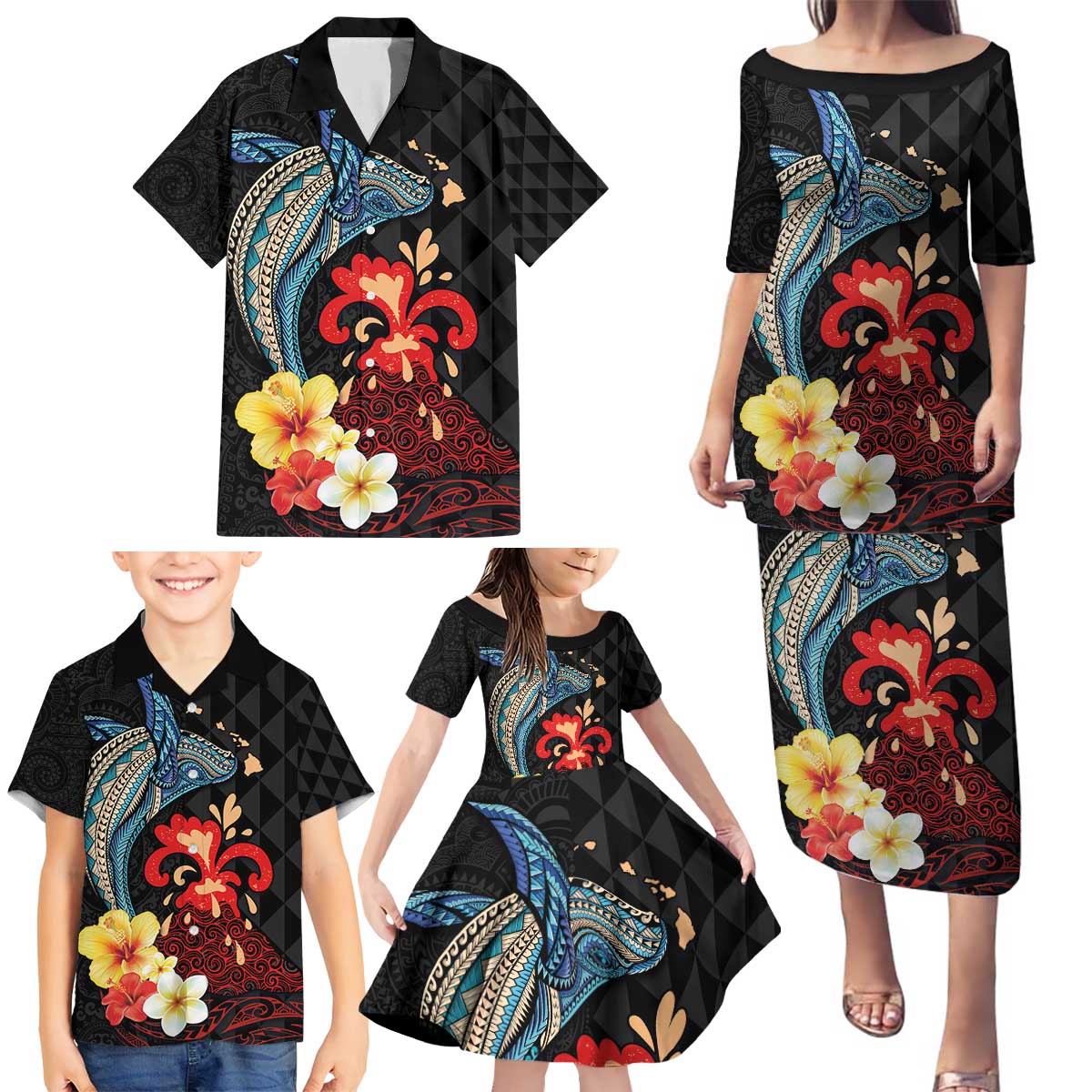 Hawaiian Whale and Volcanic Eruption Family Matching Puletasi and Hawaiian Shirt Hibiscus and Kakau Pattern LT03 - Polynesian Pride