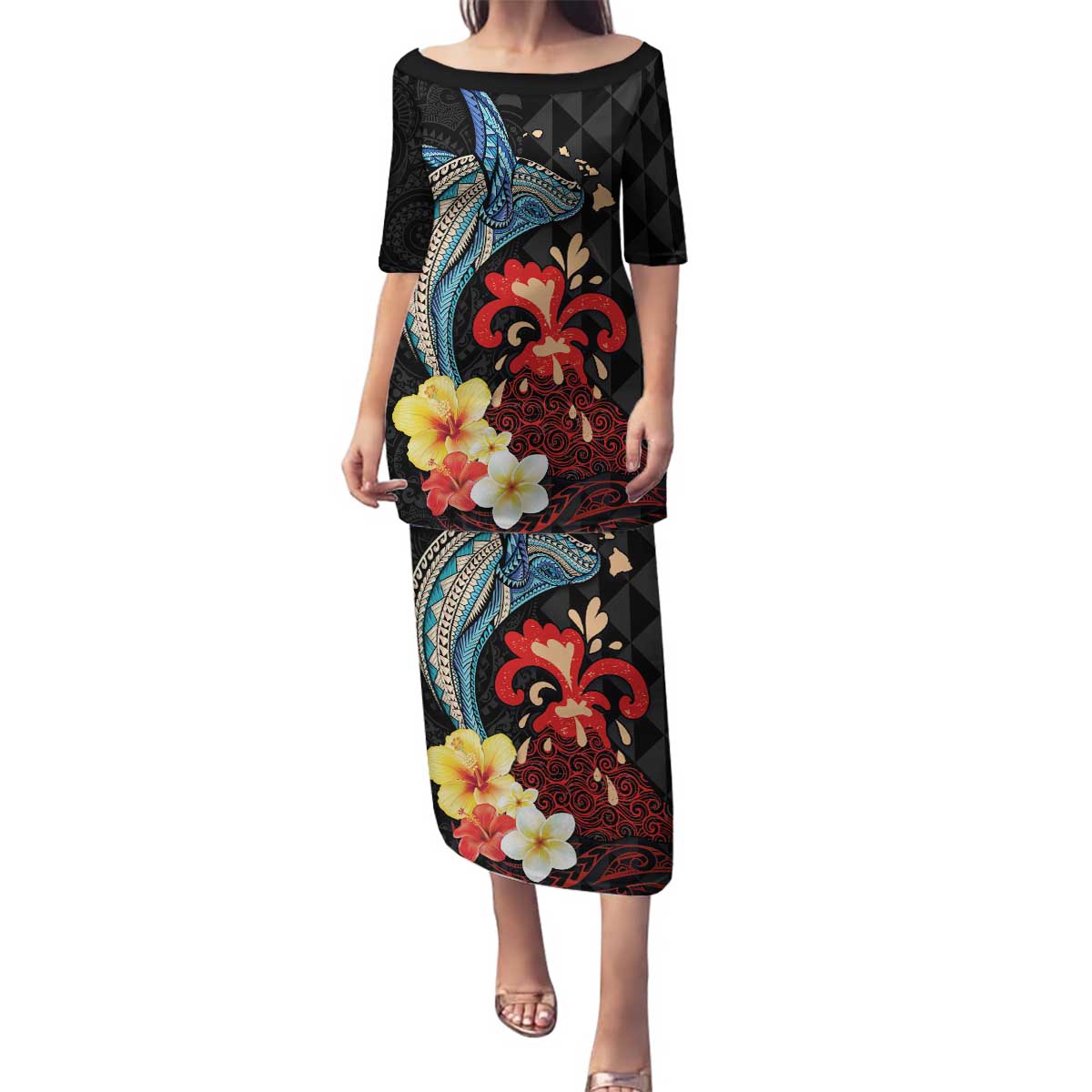 Hawaiian Whale and Volcanic Eruption Family Matching Puletasi and Hawaiian Shirt Hibiscus and Kakau Pattern LT03 Mom's Dress Black - Polynesian Pride