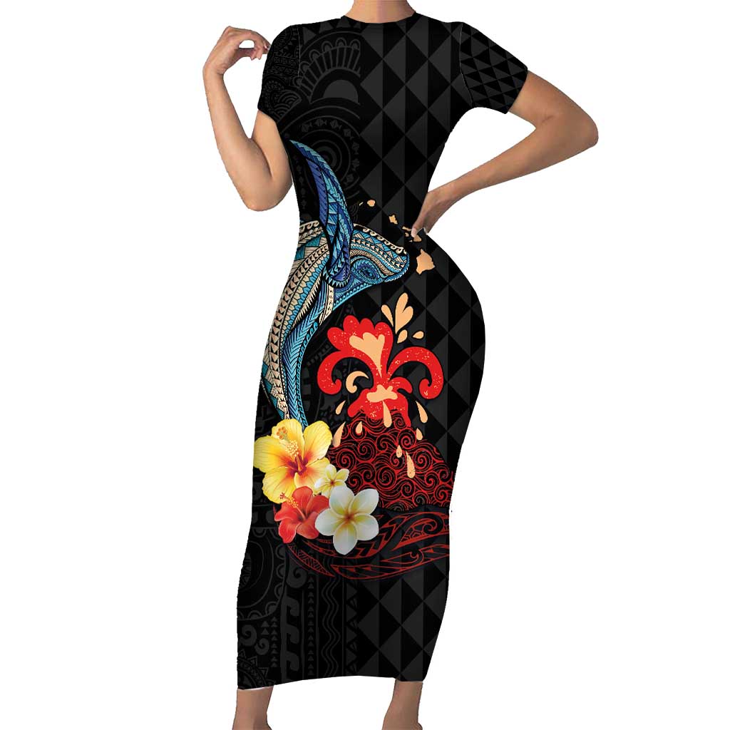 Hawaiian Whale and Volcanic Eruption Family Matching Short Sleeve Bodycon Dress and Hawaiian Shirt Hibiscus and Kakau Pattern LT03 Mom's Dress Black - Polynesian Pride