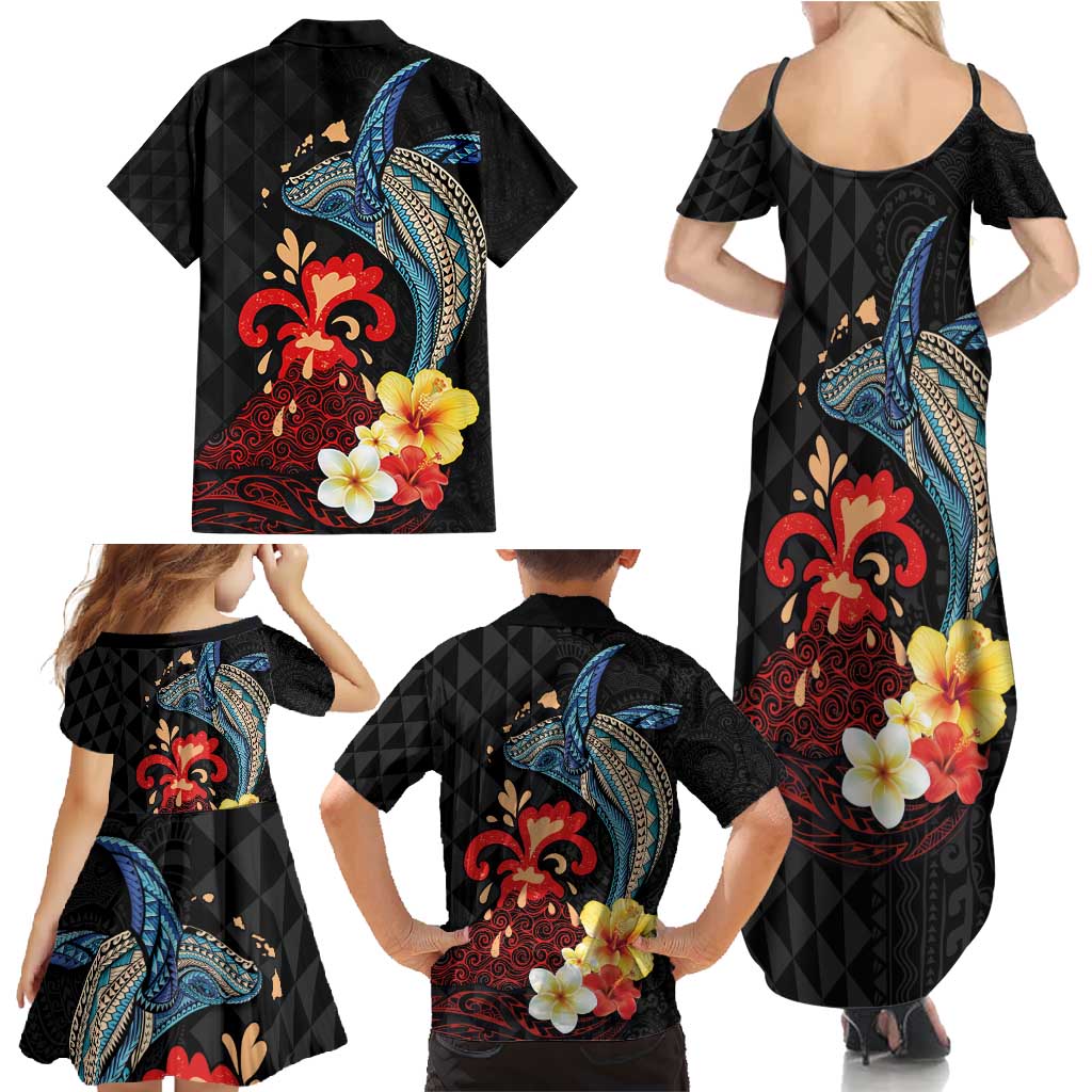 Hawaiian Whale and Volcanic Eruption Family Matching Summer Maxi Dress and Hawaiian Shirt Hibiscus and Kakau Pattern LT03 - Polynesian Pride