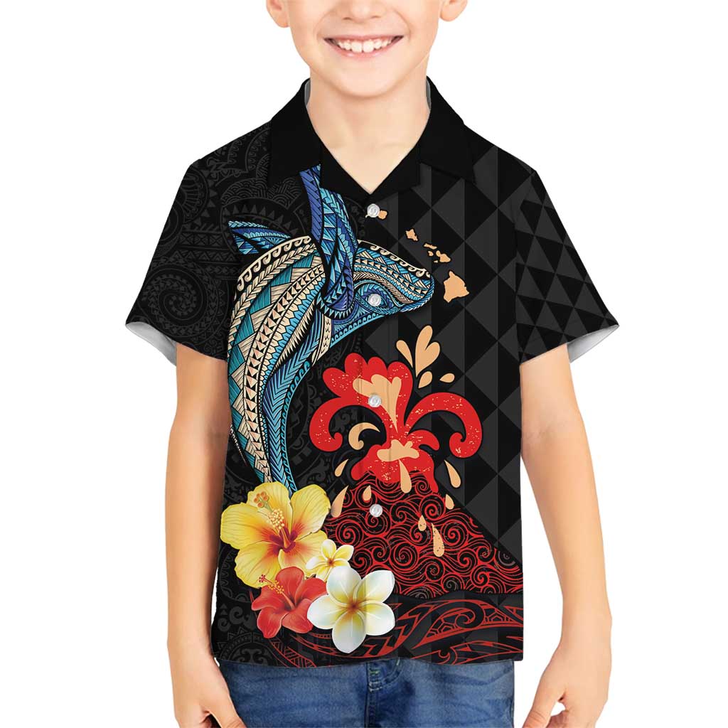 Hawaiian Whale and Volcanic Eruption Family Matching Summer Maxi Dress and Hawaiian Shirt Hibiscus and Kakau Pattern LT03 Son's Shirt Black - Polynesian Pride