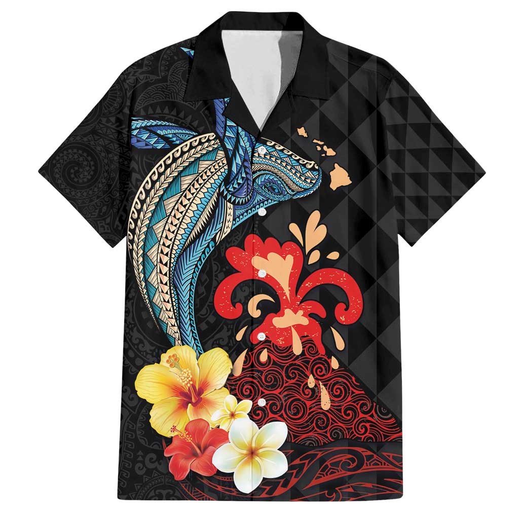 Hawaiian Whale and Volcanic Eruption Family Matching Tank Maxi Dress and Hawaiian Shirt Hibiscus and Kakau Pattern LT03 Dad's Shirt - Short Sleeve Black - Polynesian Pride