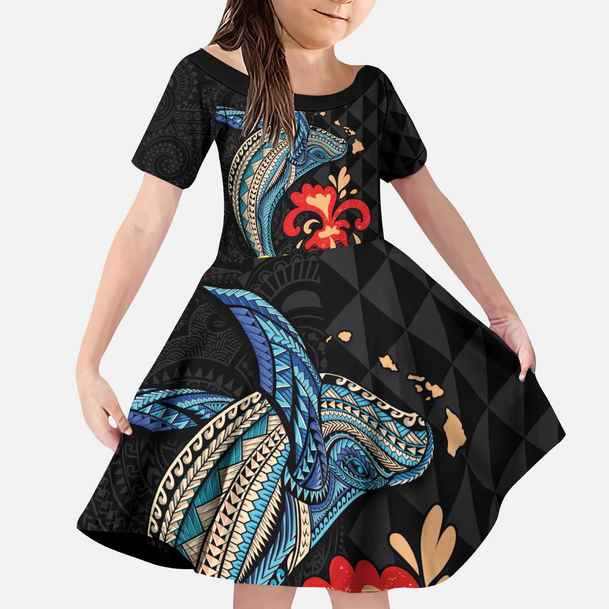 Hawaiian Whale and Volcanic Eruption Kid Short Sleeve Dress Hibiscus and Kakau Pattern LT03 KID Black - Polynesian Pride