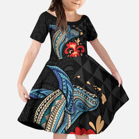 Hawaiian Whale and Volcanic Eruption Kid Short Sleeve Dress Hibiscus and Kakau Pattern LT03 KID Black - Polynesian Pride