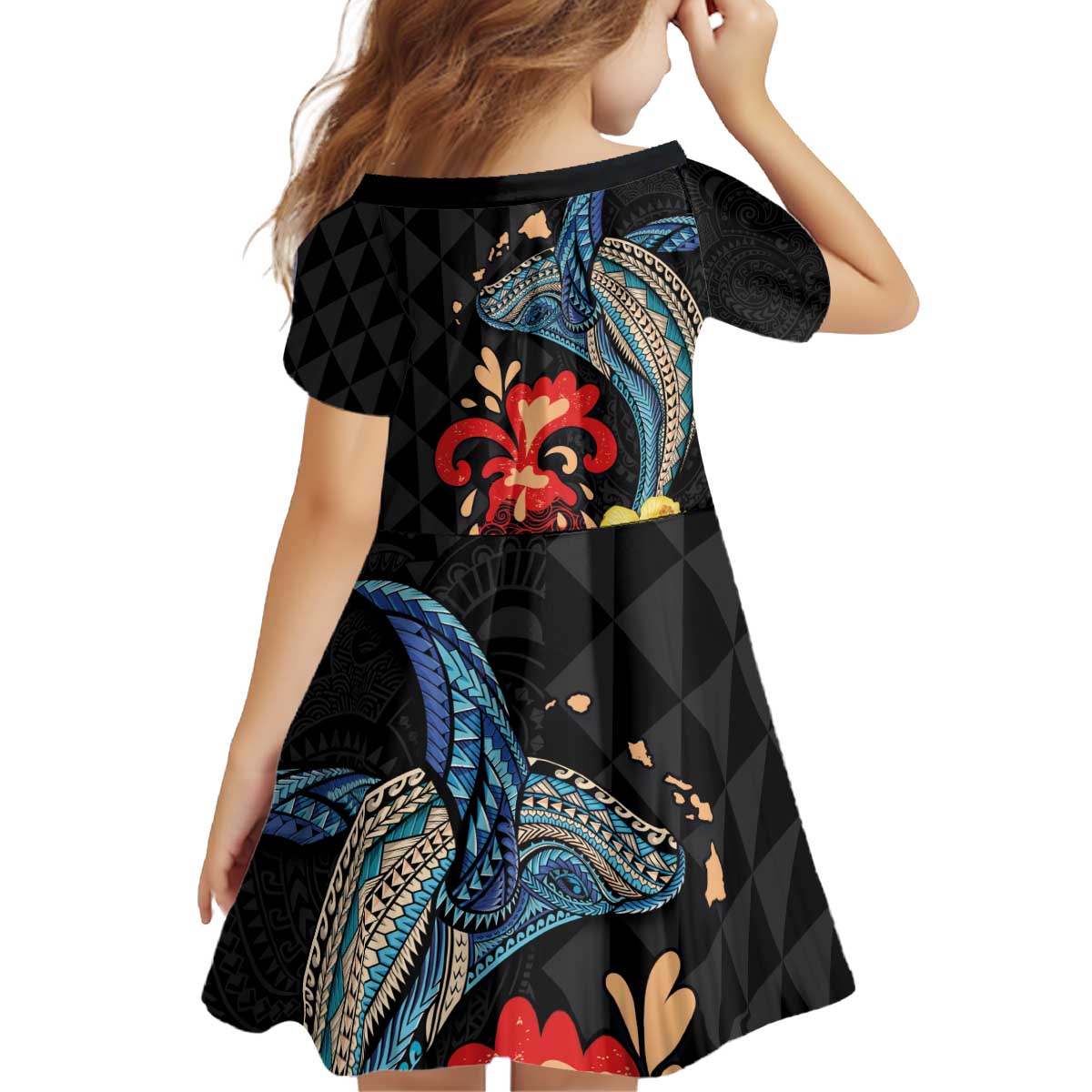 Hawaiian Whale and Volcanic Eruption Kid Short Sleeve Dress Hibiscus and Kakau Pattern LT03 - Polynesian Pride