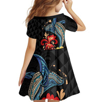 Hawaiian Whale and Volcanic Eruption Kid Short Sleeve Dress Hibiscus and Kakau Pattern LT03 - Polynesian Pride