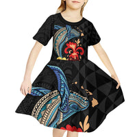 Hawaiian Whale and Volcanic Eruption Kid Short Sleeve Dress Hibiscus and Kakau Pattern LT03 - Polynesian Pride