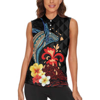 Hawaiian Whale and Volcanic Eruption Women Sleeveless Polo Shirt Hibiscus and Kakau Pattern LT03 - Polynesian Pride