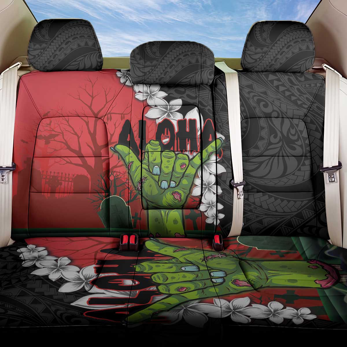 Hawaiian Halloween Back Car Seat Cover Horror Shaka Hand with Plumeria and Polynesian Tattoo Blood Color LT03 One Size Red - Polynesian Pride