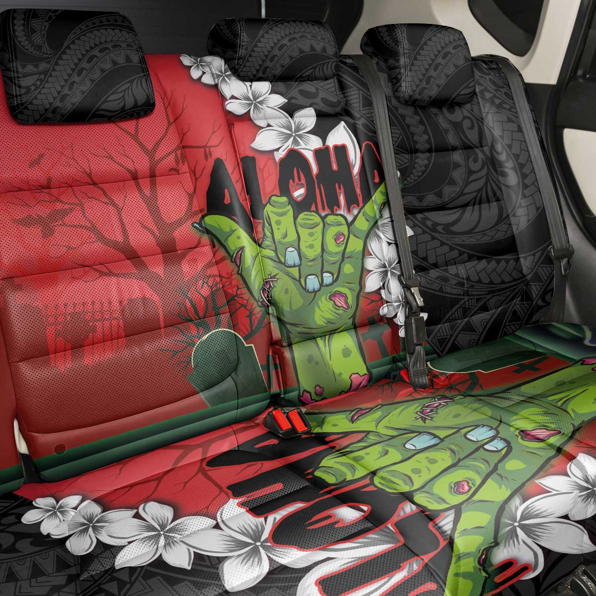 Hawaiian Halloween Back Car Seat Cover Horror Shaka Hand with Plumeria and Polynesian Tattoo Blood Color LT03 - Polynesian Pride