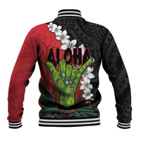 Hawaiian Halloween Baseball Jacket Horror Shaka Hand with Plumeria and Polynesian Tattoo Blood Color