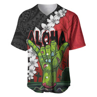 Hawaiian Halloween Baseball Jersey Horror Shaka Hand with Plumeria and Polynesian Tattoo Blood Color LT03 Red - Polynesian Pride