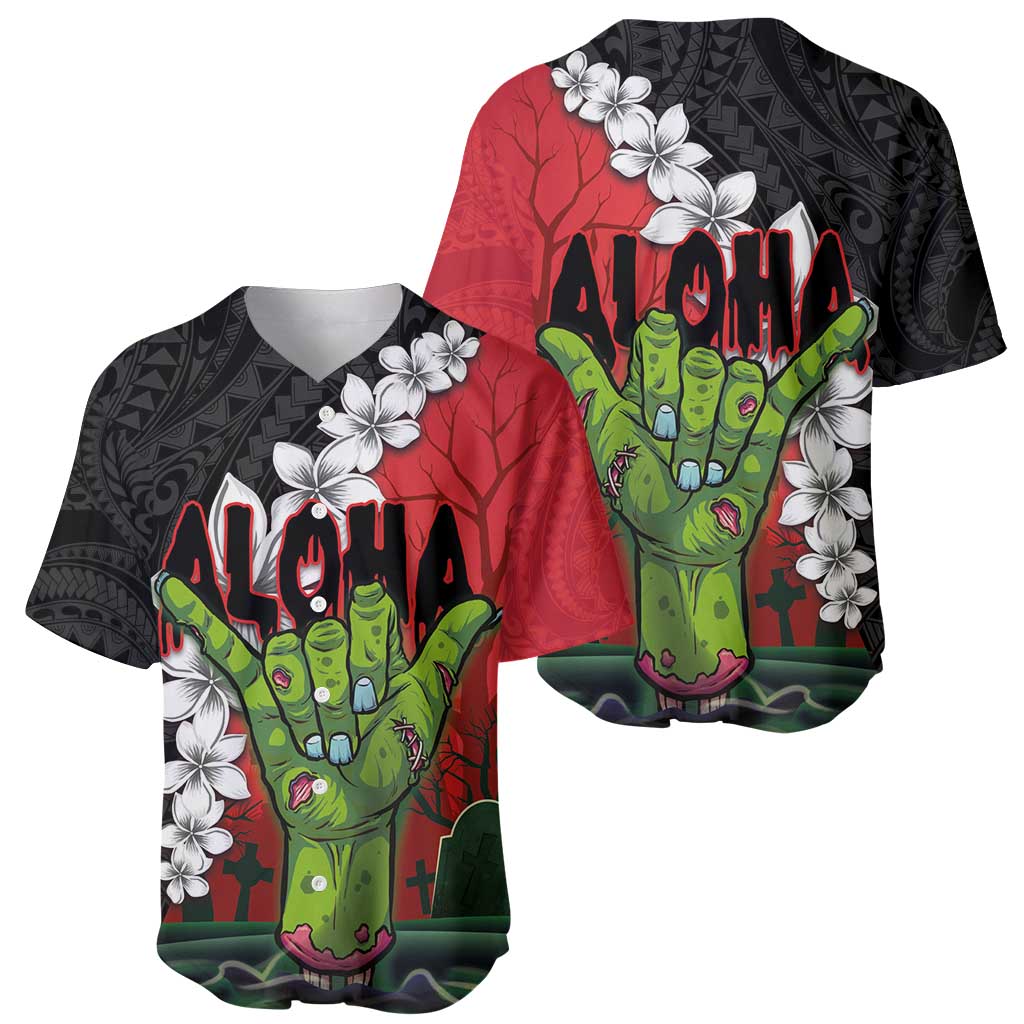 Hawaiian Halloween Baseball Jersey Horror Shaka Hand with Plumeria and Polynesian Tattoo Blood Color LT03 - Polynesian Pride