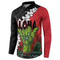 Hawaiian Halloween Button Sweatshirt Horror Shaka Hand with Plumeria and Polynesian Tattoo Blood Color