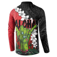 Hawaiian Halloween Button Sweatshirt Horror Shaka Hand with Plumeria and Polynesian Tattoo Blood Color