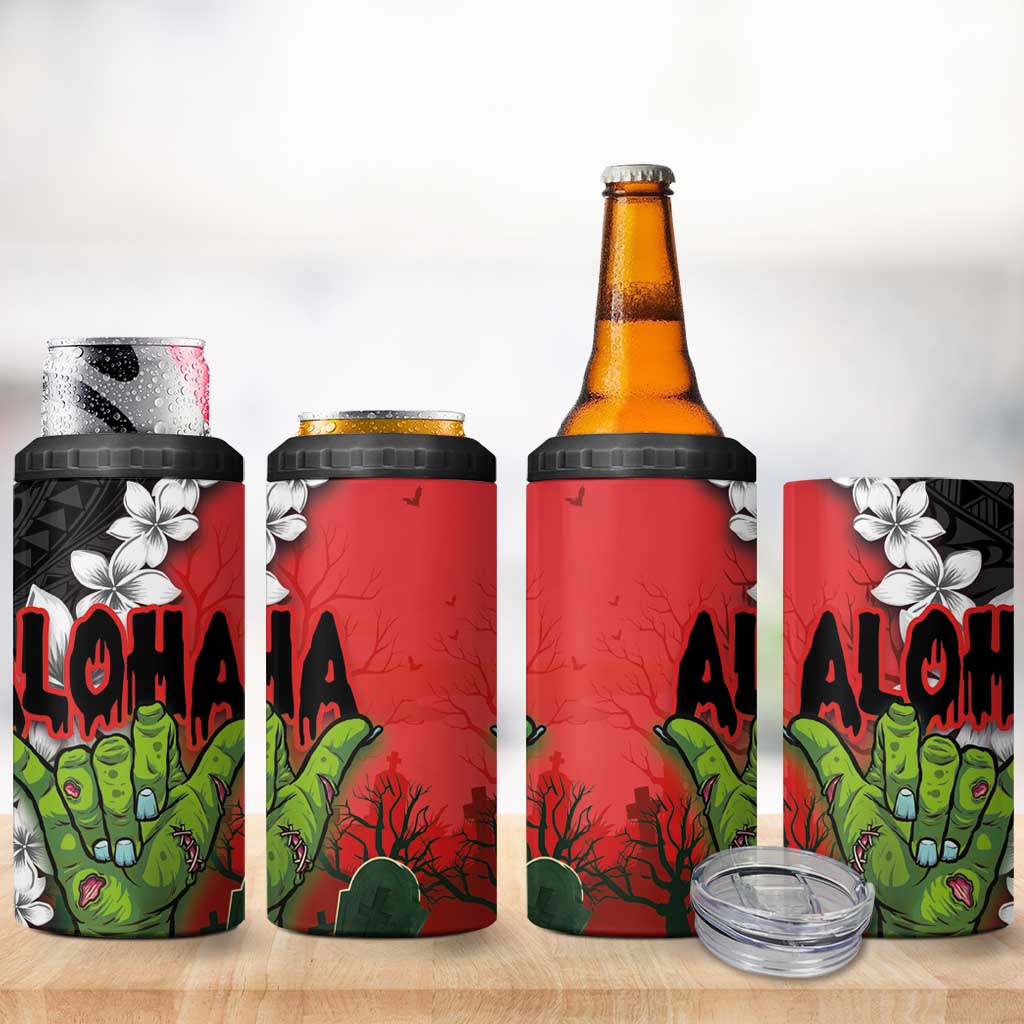Hawaiian Halloween 4 in 1 Can Cooler Tumbler Horror Shaka Hand with Plumeria and Polynesian Tattoo Blood Color LT03 - Polynesian Pride
