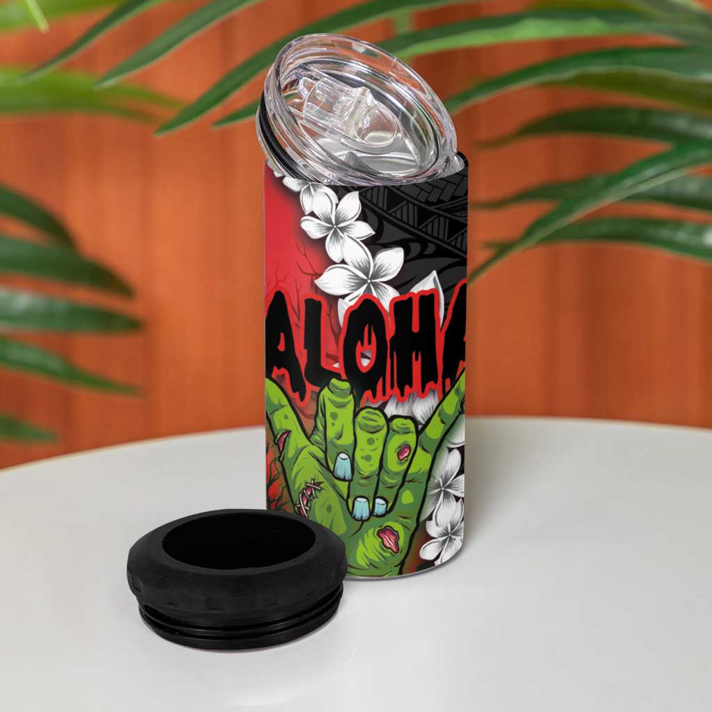 Hawaiian Halloween 4 in 1 Can Cooler Tumbler Horror Shaka Hand with Plumeria and Polynesian Tattoo Blood Color LT03 - Polynesian Pride