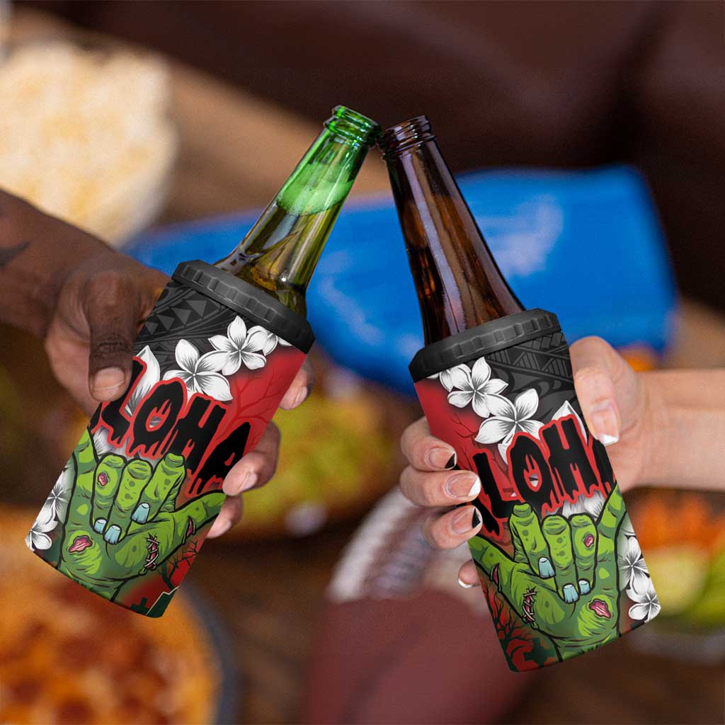 Hawaiian Halloween 4 in 1 Can Cooler Tumbler Horror Shaka Hand with Plumeria and Polynesian Tattoo Blood Color LT03 - Polynesian Pride
