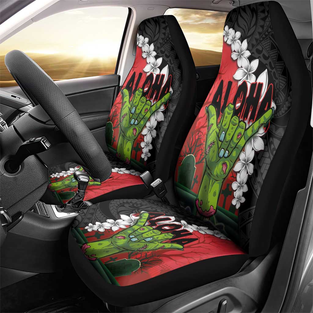 Hawaiian Halloween Car Seat Cover Horror Shaka Hand with Plumeria and Polynesian Tattoo Blood Color LT03 - Polynesian Pride
