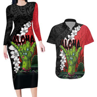 Hawaiian Halloween Couples Matching Long Sleeve Bodycon Dress and Hawaiian Shirt Horror Shaka Hand with Plumeria and Polynesian Tattoo Blood Color LT03 Red - Polynesian Pride
