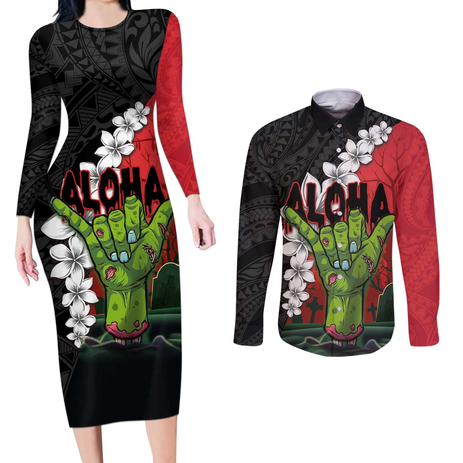 Hawaiian Halloween Couples Matching Long Sleeve Bodycon Dress and Long Sleeve Button Shirt Horror Shaka Hand with Plumeria and Polynesian Tattoo Blood Color