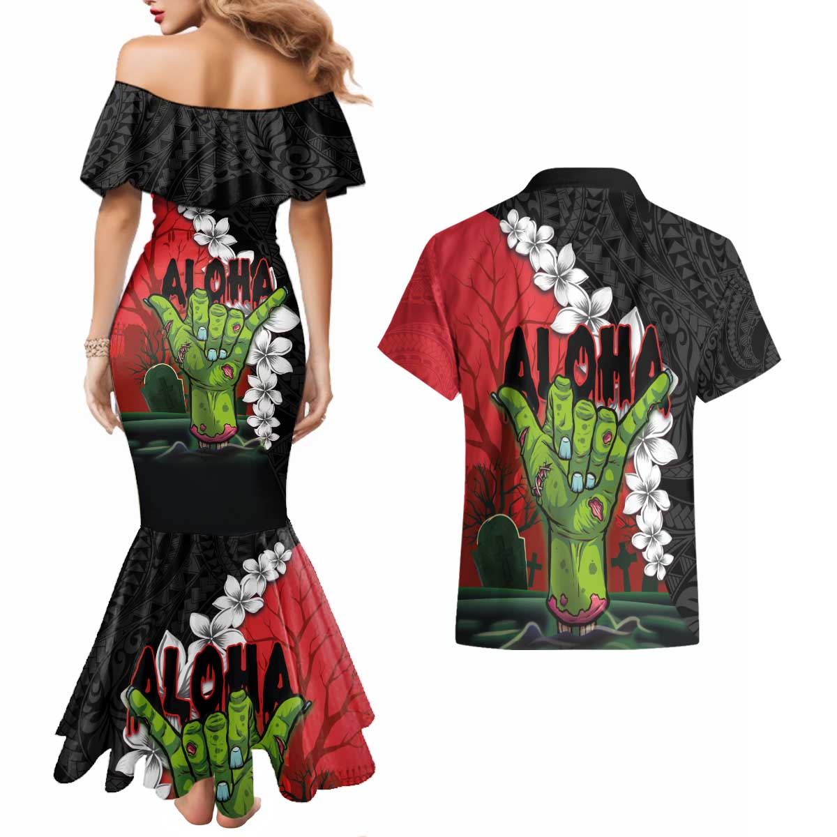 Hawaiian Halloween Couples Matching Mermaid Dress and Hawaiian Shirt Horror Shaka Hand with Plumeria and Polynesian Tattoo Blood Color LT03 - Polynesian Pride