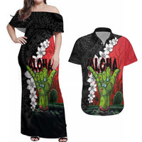 Hawaiian Halloween Couples Matching Off Shoulder Maxi Dress and Hawaiian Shirt Horror Shaka Hand with Plumeria and Polynesian Tattoo Blood Color LT03 Red - Polynesian Pride