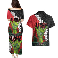 Hawaiian Halloween Couples Matching Puletasi and Hawaiian Shirt Horror Shaka Hand with Plumeria and Polynesian Tattoo Blood Color LT03 - Polynesian Pride