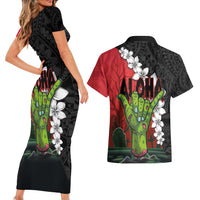 Hawaiian Halloween Couples Matching Short Sleeve Bodycon Dress and Hawaiian Shirt Horror Shaka Hand with Plumeria and Polynesian Tattoo Blood Color LT03 - Polynesian Pride