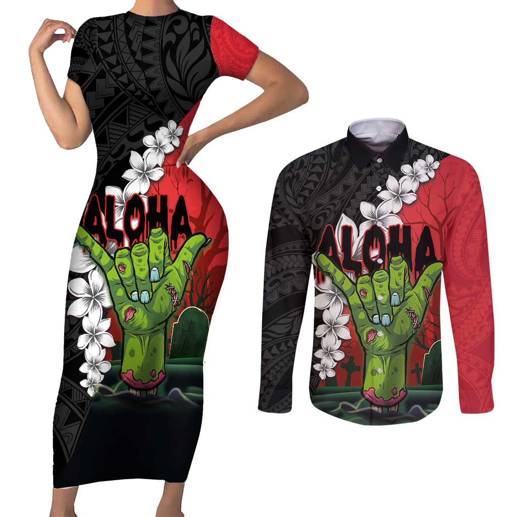 Hawaiian Halloween Couples Matching Short Sleeve Bodycon Dress and Long Sleeve Button Shirt Horror Shaka Hand with Plumeria and Polynesian Tattoo Blood Color