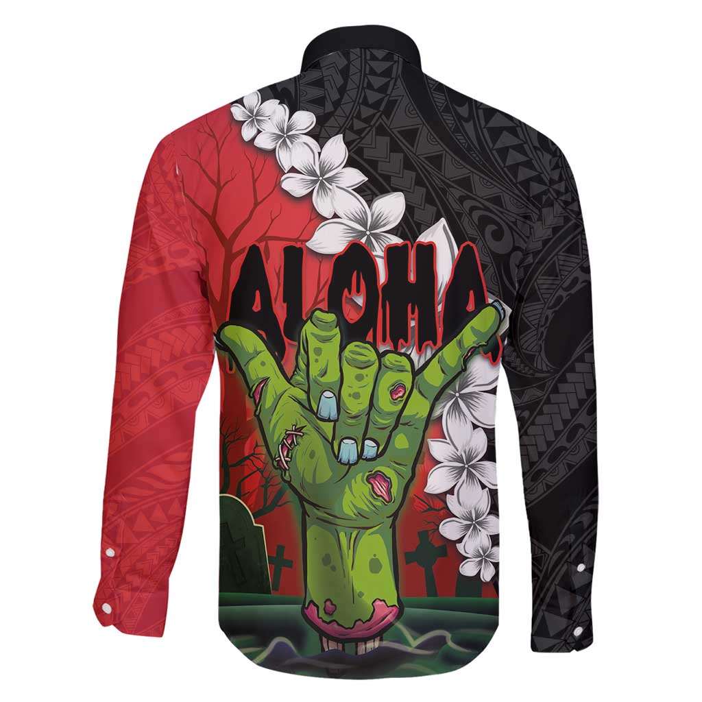 Hawaiian Halloween Family Matching Long Sleeve Bodycon Dress and Hawaiian Shirt Horror Shaka Hand with Plumeria and Polynesian Tattoo Blood Color LT03 - Polynesian Pride