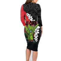 Hawaiian Halloween Family Matching Long Sleeve Bodycon Dress and Hawaiian Shirt Horror Shaka Hand with Plumeria and Polynesian Tattoo Blood Color LT03 - Polynesian Pride