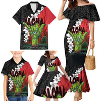 Hawaiian Halloween Family Matching Mermaid Dress and Hawaiian Shirt Horror Shaka Hand with Plumeria and Polynesian Tattoo Blood Color LT03 - Polynesian Pride