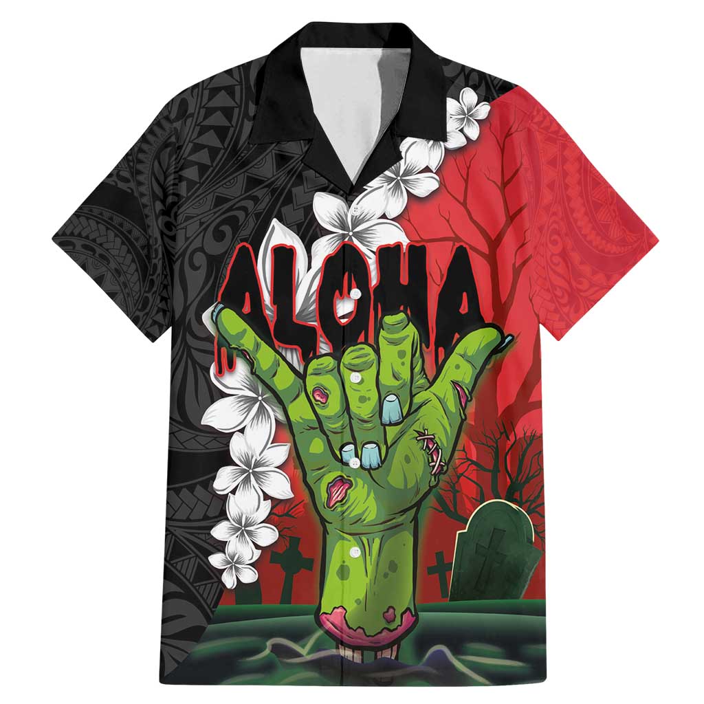 Hawaiian Halloween Family Matching Mermaid Dress and Hawaiian Shirt Horror Shaka Hand with Plumeria and Polynesian Tattoo Blood Color LT03 Dad's Shirt - Short Sleeve Red - Polynesian Pride