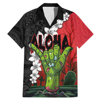 Hawaiian Halloween Family Matching Mermaid Dress and Hawaiian Shirt Horror Shaka Hand with Plumeria and Polynesian Tattoo Blood Color LT03 Dad's Shirt - Short Sleeve Red - Polynesian Pride