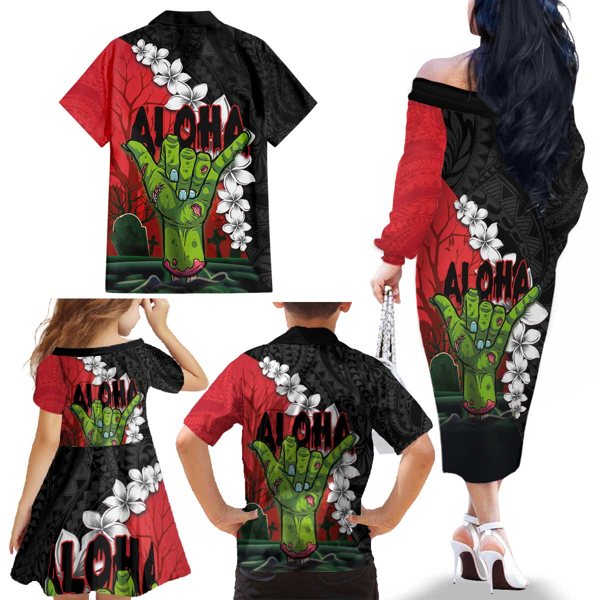Hawaiian Halloween Family Matching Off The Shoulder Long Sleeve Dress and Hawaiian Shirt Horror Shaka Hand with Plumeria and Polynesian Tattoo Blood Color LT03 - Polynesian Pride